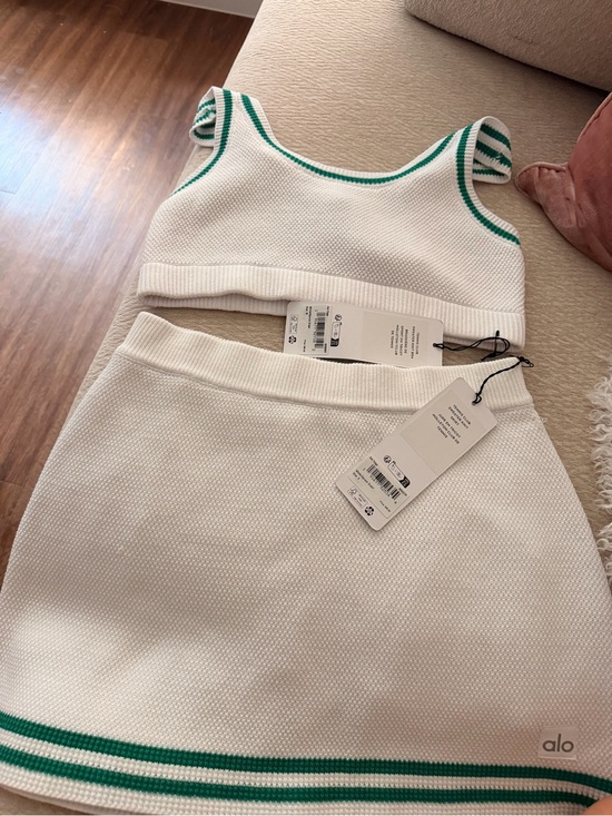 ALO Yoga Tops - ALO Yoga White Knit Crop Tank with Green Stripe Trim